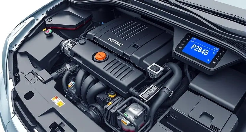 A detailed illustration of a car engine with a highlighted error code P2845 displayed on a digital dashboard. The engine should be realistically rendered, showcasing various components. The dashboard should be modern and clearly show the error code.