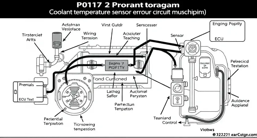 A detailed diagram illustrating a car's engine control system, specifically highlighting the components related to the P0117 error code (coolant temperature sensor circuit malfunction). Show the sensor, wiring harness, engine control unit (ECU), and relevant engine parts. Use clear labels and arrows to indicate the flow of signals and potential points of failure. The diagram should be clean and easy to understand, focusing on the electrical connections and the sensor's position within the engine