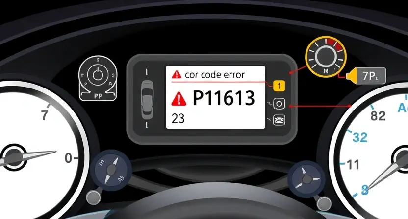 A high-quality technical illustration of a car engine control system showing a warning indicator for error code P1613, with clear labels and schematic components, clean lines, professional automotive diagnostic context
