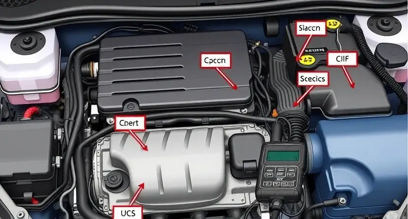 A detailed illustration of an automotive engine bay with a focus on the engine control unit (ECU) and wiring harness. The ECU should be clearly visible, and the wiring should be organized and labeled. Include diagnostic tools like a scan tool connected to the ECU. The background should be a slightly blurred view of the car's interior.