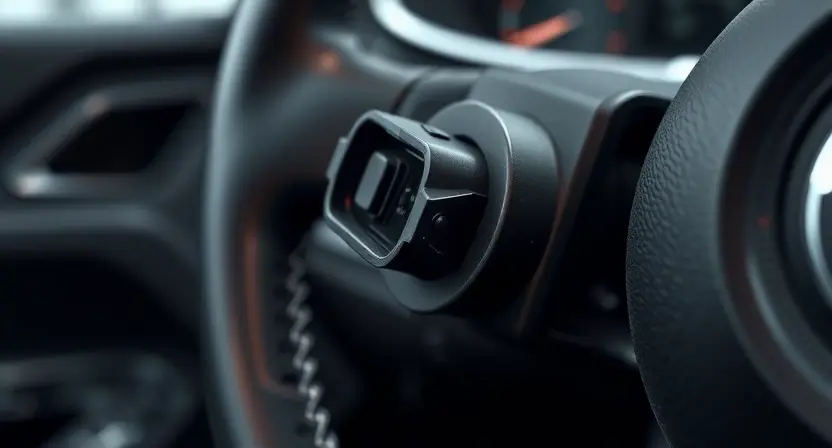 A close-up of a car's steering wheel angle sensor with visible wiring and connectors, showing signs of wear or disconnection, set against a blurred automotive interior background, with subtle warning symbols like a yellow check engine light icon faintly glowing in the distance, emphasizing diagnostic context without text or labels