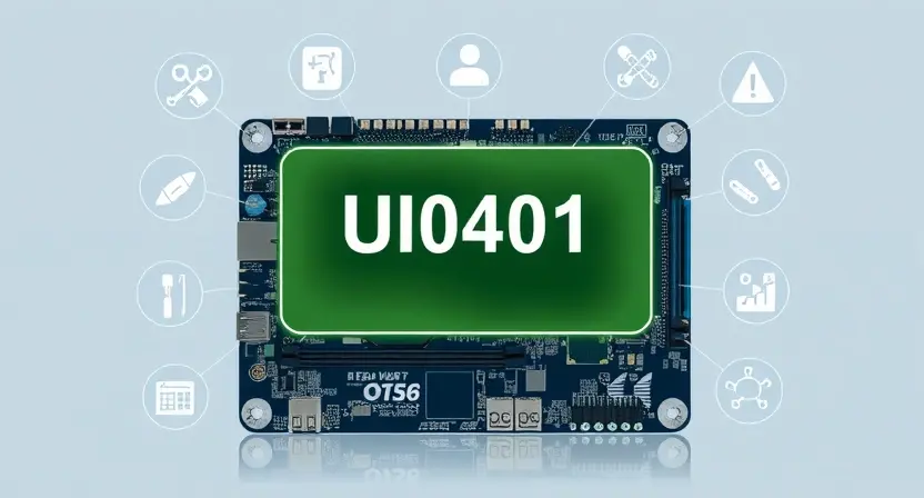 A high-quality technical illustration showing a computer motherboard with a highlighted error code U0401 on a diagnostic screen, surrounded by icons of tools and warning symbols, clean background, professional lighting