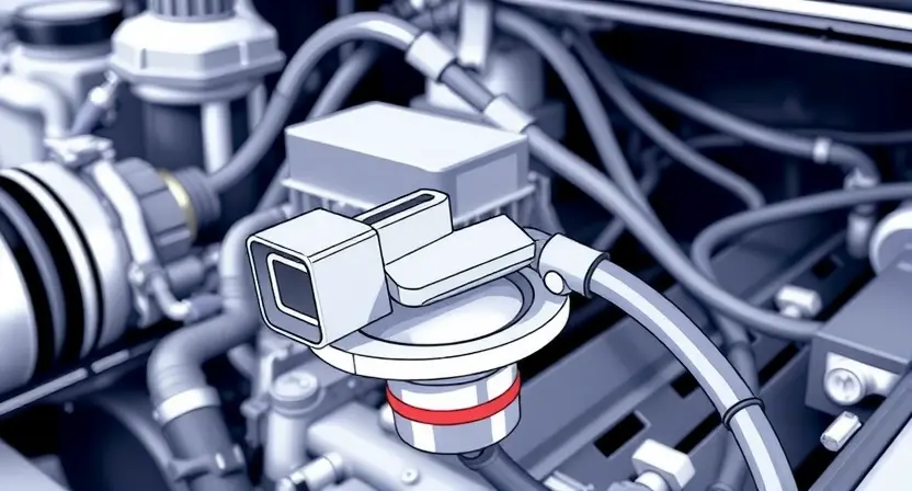 A close-up, detailed illustration of a car's engine bay. Focus on the mass airflow sensor (MAF sensor) and its surrounding components. The sensor should be clearly visible, with wires and hoses connected. The overall lighting should be bright and clean, highlighting the sensor's details. The background should be slightly blurred to emphasize the sensor.