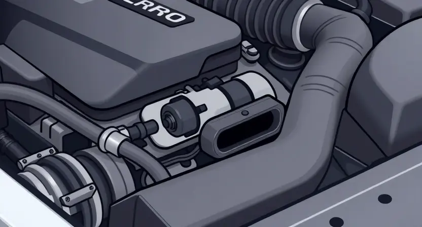 A close-up illustration of a car engine bay with a focus on the Mass Air Flow (MAF) sensor. The sensor should be clearly visible, with subtle wiring connections. The engine should appear clean and well-maintained. Use a slightly desaturated color palette to emphasize the technical aspect.