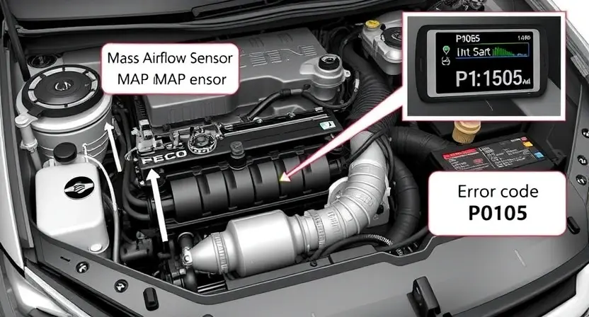 A detailed illustration of a car's engine bay, highlighting the Mass Airflow Sensor (MAP sensor) and its connection to the engine control unit (ECU). Include arrows indicating the airflow path and the sensor's measurement of pressure. Show a visual representation of the error code P0105 being displayed on a dashboard screen.