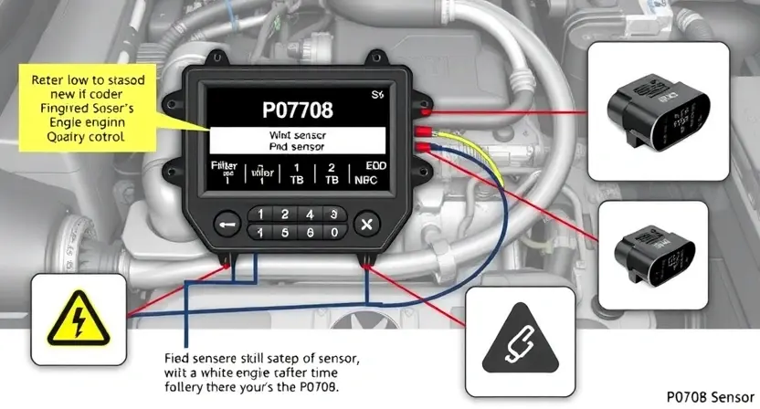 A detailed illustration of an engine control unit (ECU) with various sensors connected to it, highlighting the P0708 sensor and its role in vehicle diagnostics. Include visual representations of the sensor's function and the potential causes of the error code.