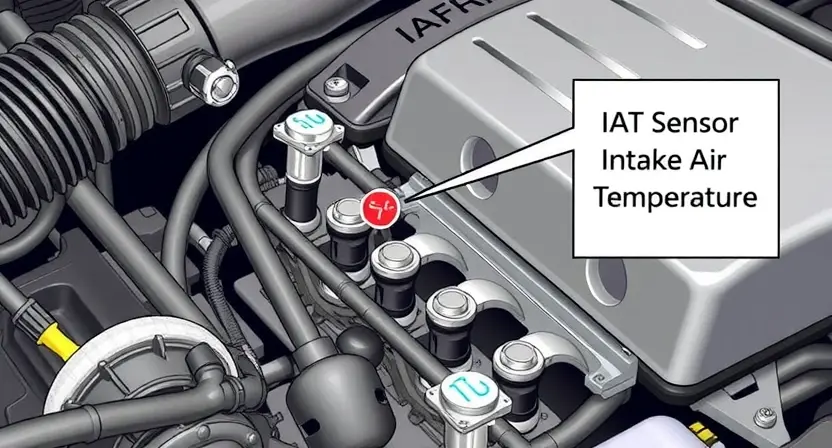 A close-up, detailed illustration of an engine bay with a focus on the Intake Air Temperature (IAT) sensor and its wiring. The sensor should be clearly visible, along with the surrounding hoses and components. The image should convey a sense of technical precision and clarity, highlighting the sensor's location and connection points. The engine should be clean and well-maintained.