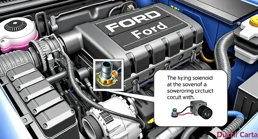 A detailed illustration of a Ford car engine with a highlighted solenoid control circuit. The solenoid should be clearly visible, with emphasis on its connections and wiring. The image should depict the engine in a way that allows for easy identification of the solenoid and its surrounding components. The overall scene should be realistic and detailed, focusing on the technical aspects of the engine and the solenoid.