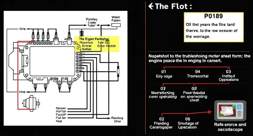 A detailed schematic diagram of an engine control unit (ECU) with various sensors and actuators connected. Highlight the P0189 error code and its potential causes with visual cues. Include a simplified representation of the engine's operation and a diagnostic flow chart showing the steps involved in troubleshooting the error using a scanner and oscilloscope.