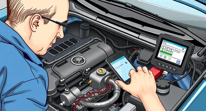 A detailed illustration of a car mechanic performing a visual inspection of a vehicle's engine and electronic control unit, with an OBD diagnostic scanner connected to the car, showing wires and sensors, in a realistic high-detail style, focusing on the engine bay and diagnostic equipment, without any textual labels or numbers