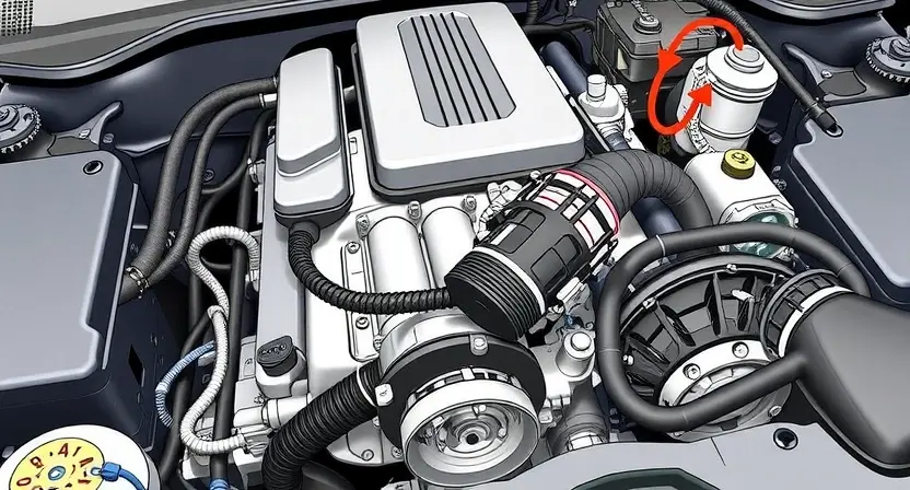 A detailed illustration of an engine bay with a clear focus on the intake flap actuator. The actuator should be highlighted, showing its mechanical components and connection points. Include surrounding engine parts like hoses, belts, and the intake manifold, but keep the focus on the actuator. The overall scene should be clean and well-lit, emphasizing technical accuracy.