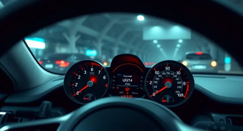 A modern car interior with a focus on the dashboard and instrument cluster, showing a warning light or error message related to 'U0124' and lateral acceleration sensor, with subtle visual cues of data communication lines (like CAN bus) fading or interrupted, in a realistic automotive diagnostic context, no text or numbers visible on the image