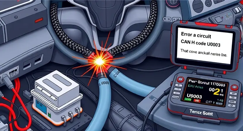 A detailed technical illustration showing a short circuit in a CAN bus communication line, with two twisted wires (CAN-H and CAN-L) touching each other at a point, causing a visible spark or electrical arc, surrounded by automotive electronic components like ECUs and sensors, with diagnostic tools displaying error code U0003 on a screen nearby, all rendered in a clean, professional, high-detail technical diagram style