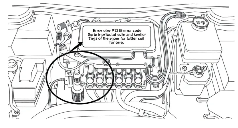 A high-quality technical illustration showing a Toyota vehicle's ignition system with highlighted components like spark plugs, ignition coils, and wiring harnesses, emphasizing the P1315 error code area, clean lines, detailed engineering drawing style, neutral background, no text or numbers on image