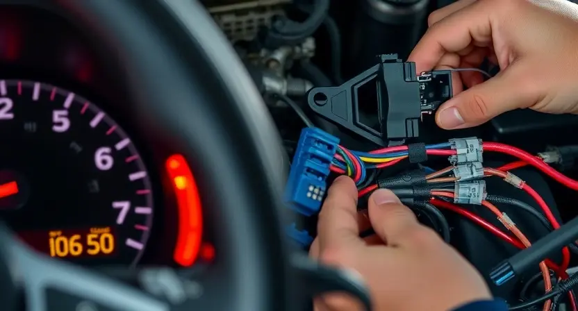 A close-up of a car's dashboard showing a warning light and a digital display indicating error code C0050, with a mechanic inspecting exposed wiring harness and connectors in the engine bay, highlighting frayed wires and loose connections, in a realistic automotive workshop setting.