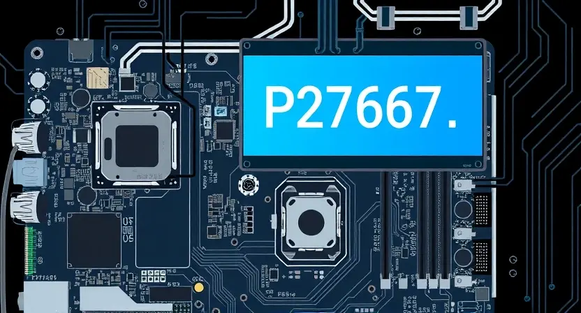 A technical illustration depicting a computer motherboard with a highlighted error message 'P2767'. The motherboard should be detailed and show various components like CPU, RAM, and capacitors. The error message should be clearly visible on a screen connected to the motherboard.