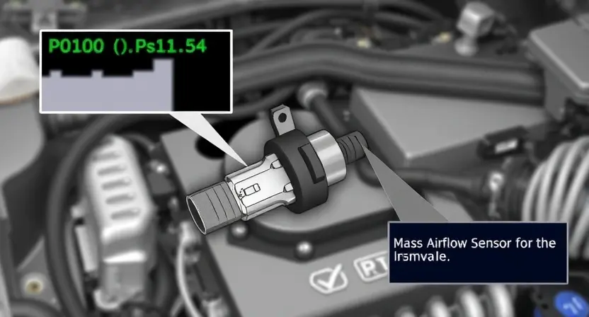 A detailed illustration of an automotive engine bay, focusing on the mass airflow sensor and its associated wiring. The sensor should be clearly visible, with its connector and wiring harness highlighted. Include a visual representation of the P0100 error code displayed on a dashboard or diagnostic screen. The background should be slightly blurred to emphasize the sensor and wiring.