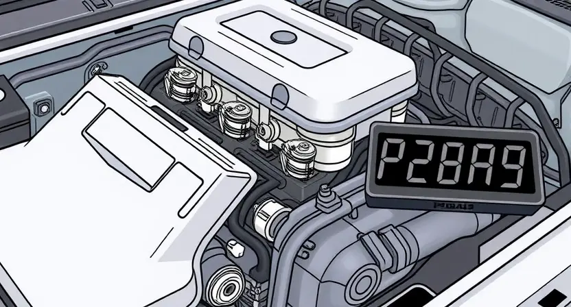 A detailed illustration of a car engine with the P2BA9 error code highlighted. The engine should be realistically rendered, showing various components like pistons, valves, and sensors. The P2BA9 code should be displayed on a digital display near the engine, with a clear and easily readable font.