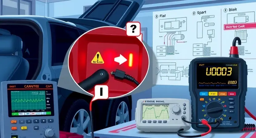 A detailed technical illustration showing a car's CAN bus circuit with a visible short circuit between CAN-H and CAN-L wires, highlighted with red warning indicators, surrounded by diagnostic tools like an oscilloscope and multimeter displaying error U0003, set in a modern automotive workshop environment with clean, professional lighting and technical schematics in the background