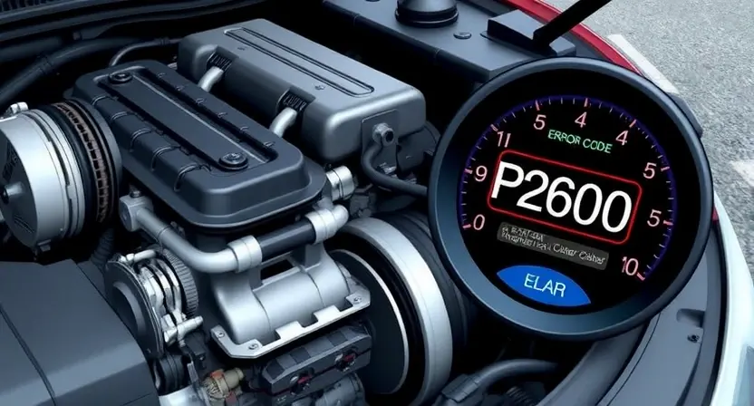 A detailed illustration of a car engine with a highlighted error code P2600 displayed on a digital dashboard. The engine should be realistically rendered, showing various components like pistons, valves, and belts. The dashboard should be modern and clearly display the error code with accompanying diagnostic information. The background should be a slightly blurred image of a road.