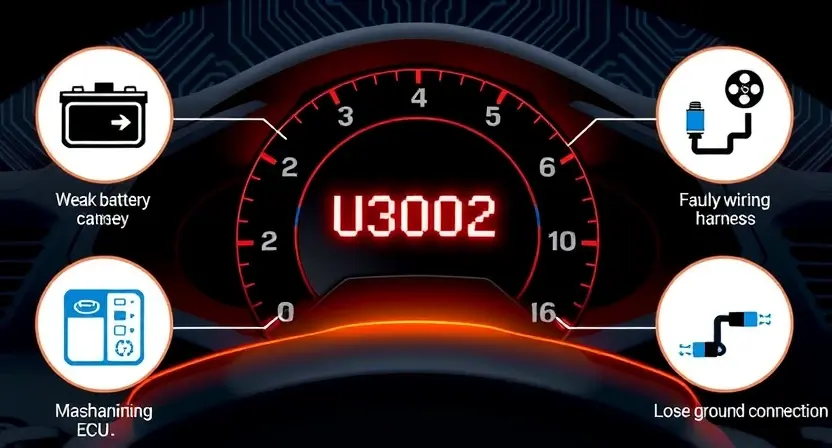 A technical illustration showing a car dashboard with a glowing error code 'U3002' displayed on the instrument cluster, surrounded by symbolic icons representing common causes: a weak battery, faulty wiring harness, malfunctioning ECU, and a loose ground connection, all rendered in a clean, modern automotive diagnostic style with subtle circuit patterns in the background