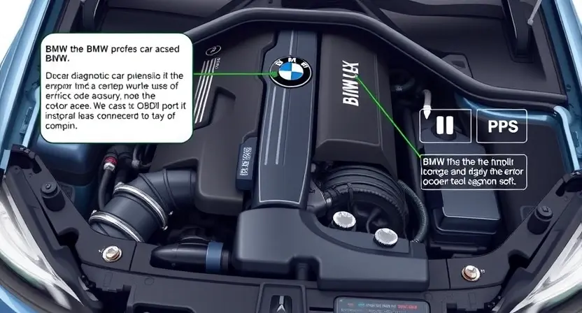 A detailed illustration of a BMW car's engine bay, showcasing diagnostic equipment (like a scan tool and OBDII port) connected to the car's computer. Focus on the components related to error codes and troubleshooting.