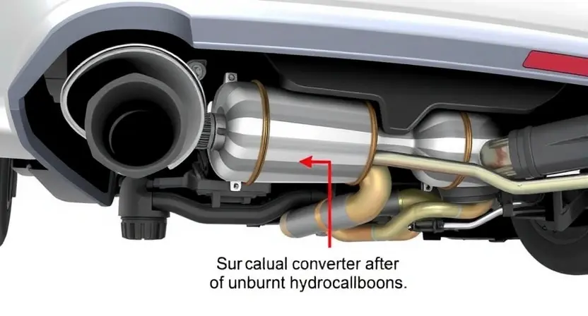 A detailed illustration of a car's exhaust system, specifically focusing on the catalytic converter area. The image should show the internal components of the catalytic converter, highlighting the rich fuel mixture after it. Include visual cues indicating the presence of unburnt hydrocarbons. The overall aesthetic should be technical and informative, suitable for a repair manual or diagnostic guide.