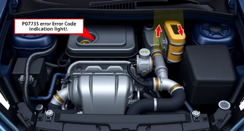 A detailed illustration of a car's engine bay, specifically highlighting the catalytic converter and related components. The image should clearly show the P0733 error code indicator light illuminated on the dashboard. Focus on technical accuracy and clarity.