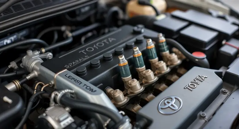 A close-up, detailed image of a Toyota engine bay. Focus on the engine components, spark plugs, and wiring. The engine should appear clean and well-maintained. Subtle lighting to highlight the details. The overall impression should be one of automotive mechanics and diagnostics.