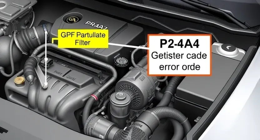 A detailed illustration of a car engine with a highlighted and labeled component related to the P24A4 error code, specifically focusing on the GPF (Gasoline Particulate Filter) system. The image should show the engine's internal parts, with the GPF system emphasized to indicate its function and location. The scene should be realistic and highly detailed, with a focus on the mechanical aspects.