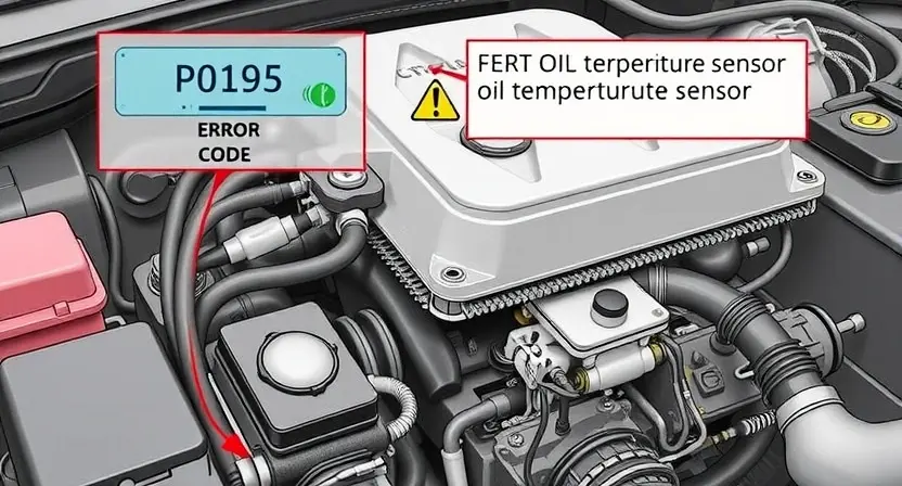A detailed illustration of an engine bay with a focus on the oil temperature sensor. The sensor should be clearly visible, connected to wiring, and near the engine block. Include a visual representation of the P0195 error code displayed on a dashboard or diagnostic screen. The engine should be in a slightly angled, realistic perspective, showing various engine components.