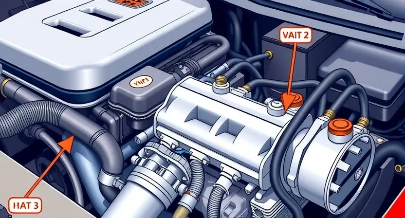 A detailed illustration of a car's engine bay, focusing on the vacuum lines and hoses connected to the brake booster. The engine should be partially visible, showing a modern car engine. The vacuum lines should be clearly labeled with arrows indicating their direction of flow. The overall lighting should be bright and informative, highlighting the components.
