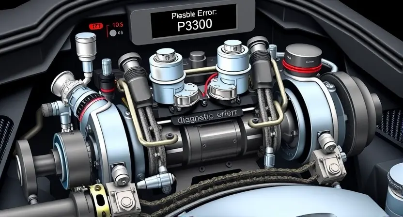 A detailed technical illustration of a car engine's variable valve timing system, showing components like camshafts, solenoids, oil control valves, and timing chains or belts, with diagnostic error code P3300 displayed on a digital dashboard screen in the background, emphasizing mechanical precision and automotive engineering context