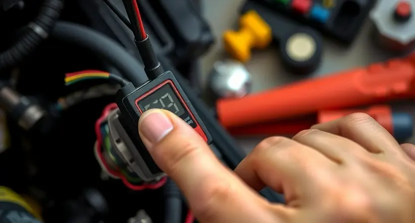 A close-up, detailed image of a car's accelerometer sensor being inspected. The sensor should be clearly visible, with wires and connections highlighted. A mechanic's hand holding a diagnostic tool (like a multimeter or oscilloscope) is gently touching the sensor. The background should be a slightly blurred automotive repair shop environment with tools and equipment subtly visible. Focus on the sensor's physical components and the diagnostic process.