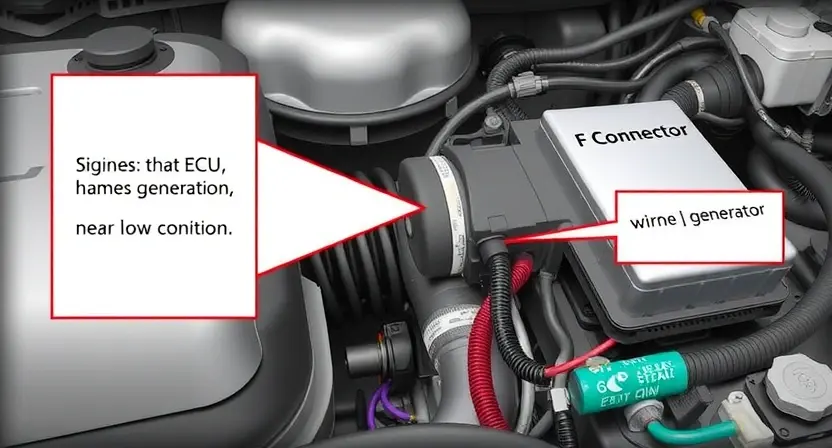 A detailed illustration of an automotive engine bay, focusing on the engine control unit (ECU) and wiring harness near the generator. Highlight the F connector and associated wiring. Show a visual representation of a low signal condition, perhaps with a faint, visual indicator of a weak signal.