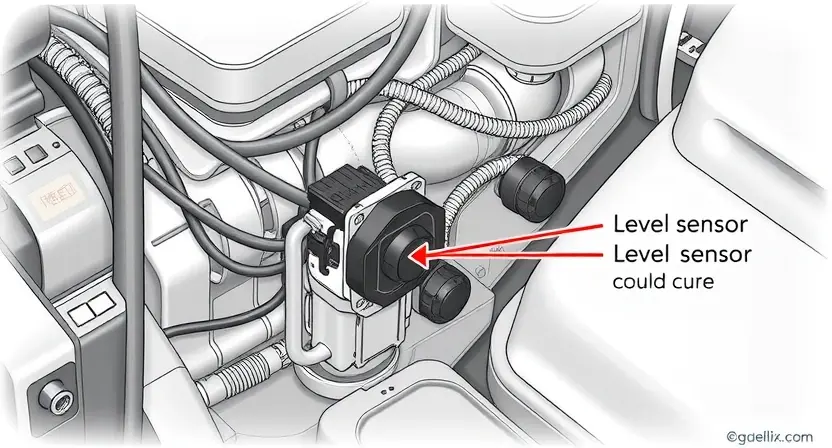 A detailed illustration of a car's electrical system, specifically highlighting the level sensor circuit. Show wires, connectors, and the sensor itself. Focus on the area where a potential malfunction could occur. The image should be technical and informative, suitable for a repair manual.