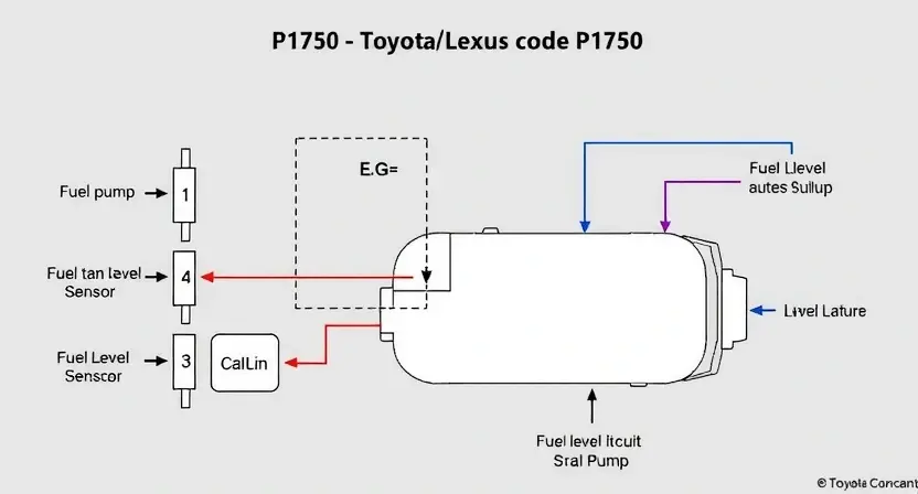 A detailed diagram illustrating the Toyota/Lexus system related to error code P1750. The diagram should clearly show the components involved (e.g., fuel tank level sensor, fuel pump, fuel level circuit) and their connections. Use arrows to indicate the flow of information and potential points of failure. The image should be clean, professional, and easy to understand, focusing on the mechanical and electrical aspects of the system. The background should be a neutral color.