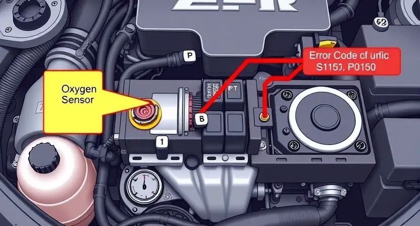 A detailed technical illustration of a car engine with a highlighted oxygen sensor and engine control unit, showing diagnostic symbols and error code P0150, clean technical diagram style, high quality, 832x448 resolution