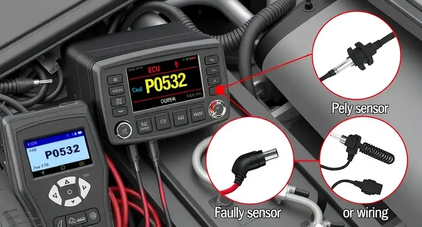 A detailed illustration of a car's engine control unit (ECU) with various diagnostic tools connected. Focus on the ECU's display showing a P0532 error code. Include visual representations of the potential causes of the code, such as a faulty sensor or wiring.