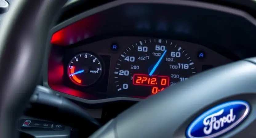 A close-up, detailed shot of a Ford vehicle's dashboard, specifically highlighting the instrument cluster and any warning lights illuminated. The focus should be on the area where a diagnostic code might be displayed. The car should be clean and modern looking.