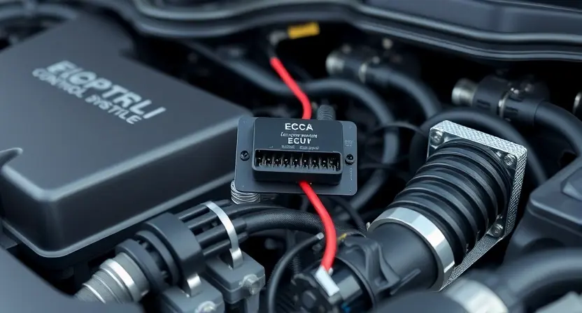 A close-up of a car engine bay, focusing on the ignition system components. Show the engine control unit (ECU) and wiring harness related to the glow plug control module. The image should highlight the electrical connections and the physical location of the module within the engine compartment. The overall scene should be clean and well-lit, emphasizing the technical aspects of the car's electrical system.