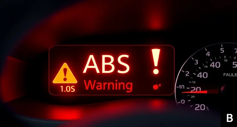 A modern car dashboard with illuminated ABS warning light and a subtle digital overlay showing a warning triangle and exclamation mark, clean technical illustration, high detail, no text or numbers on the image