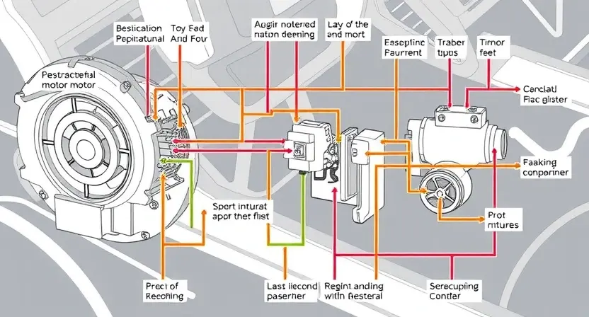 A detailed schematic diagram of a car's handbrake system, highlighting the right electric motor circuit. Show the motor, wiring, and related components clearly labeled. Focus on the circuit path and potential points of failure. The diagram should be clean, professional, and easy to understand.