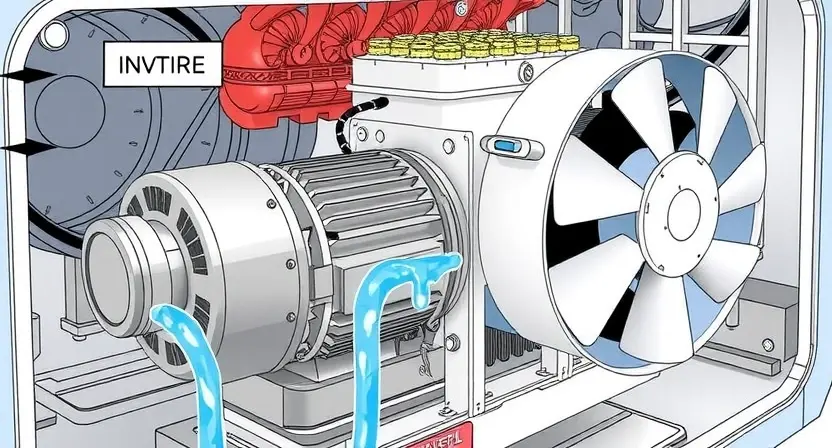 A detailed illustration of an inverter cooling pump, showing its components (pump, motor, radiator, fan) and connections. The pump is visibly malfunctioning, with coolant leaking or a damaged impeller. The background should suggest an electronic device or system.