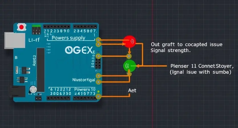A schematic diagram of a circuit board with a sensor connected to a power supply. Highlight the power supply and the sensor connection. Indicate a potential issue with signal strength.