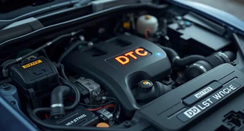 A detailed illustration of a car's engine bay with a diagnostic trouble code (DTC) light illuminated. Focus on the engine components, wiring, and the DTC light itself. The background should be slightly blurred to emphasize the engine.