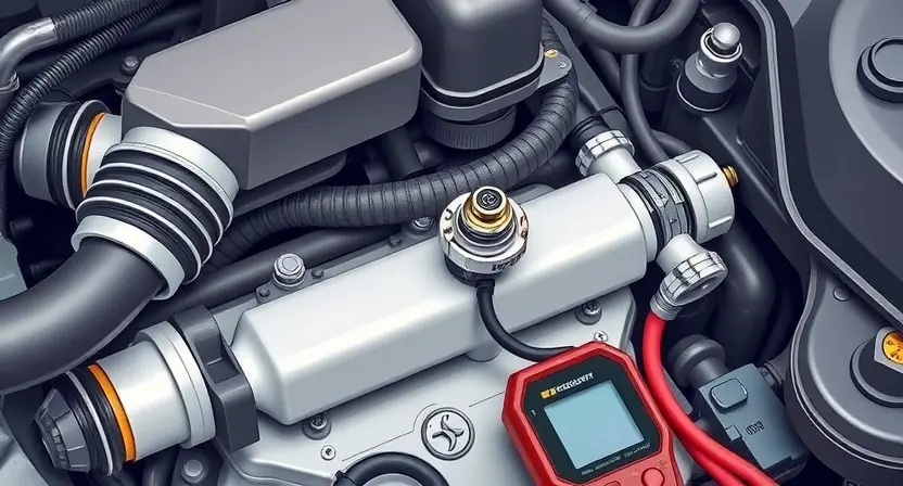 A detailed illustration of an automotive engine bay with a focus on the boost pressure sensor. The sensor should be clearly visible, connected to various hoses and wiring. Include diagnostic tools like a scan tool and a multimeter near the sensor. The background should be slightly blurred to emphasize the sensor and its surroundings.