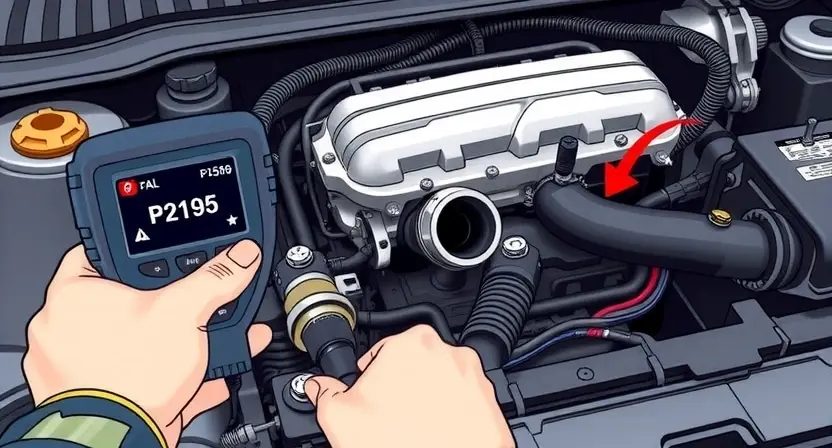 A detailed, realistic illustration of a car engine bay with a mechanic's hands replacing an oxygen sensor near the exhaust manifold, showing a diagnostic scanner displaying the error code P2195 on its screen, with focus on the sensor, wiring, and tools, in a clean workshop setting, no text or logos