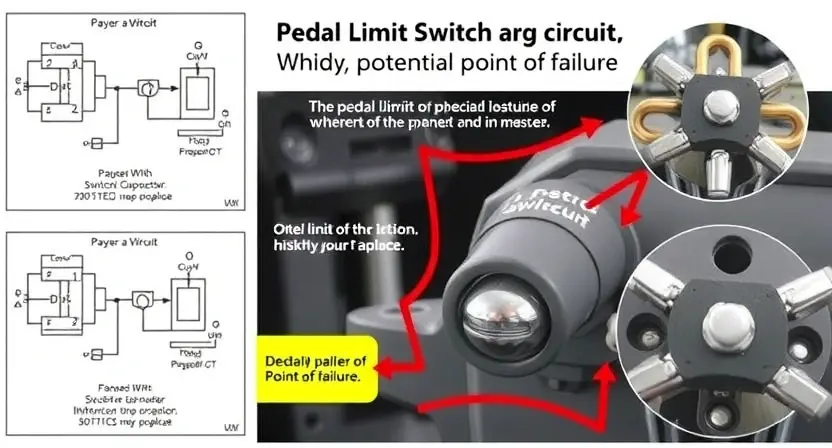 A detailed technical illustration of a pedal limit switch circuit, highlighting the potential point of failure. Include schematic diagrams and close-ups of the switch components. Focus on clarity and precision.