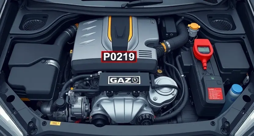 A detailed illustration of a car engine bay, specifically highlighting the P0219 error code indicator light. The engine should be a mix of GAZ and Opel engine components, showcasing the differences in design. Include wiring diagrams and diagnostic tools subtly in the background.